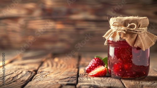 Jar of strawberry jam on wooden surface with fresh strawberries