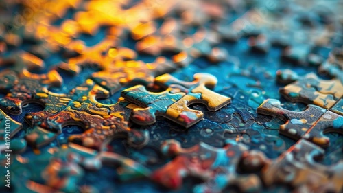 Close-up of incomplete jigsaw puzzle with vibrant colors photo