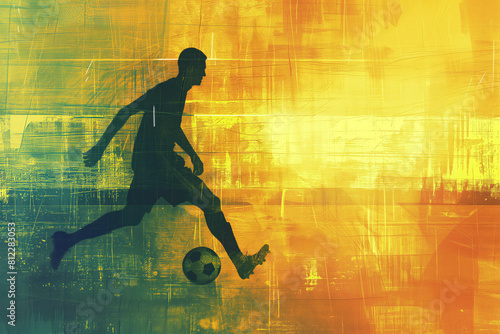 A soccer player dribbles and kicks a soccer ball