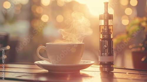 Advanced personal vaporizer or e-cigarette Vintage style with morning coffee cup,