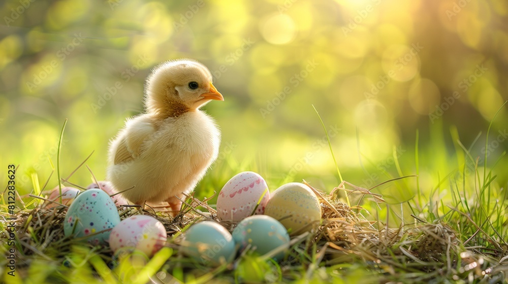 A small chicken sitting in a nest of eggs on grass, AI A small chicken sitting in a nest of eggs on grass, AI