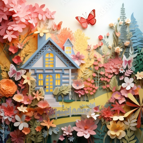 Paper art and craft style of a quaint cottage garden, teeming with butterflies and flowers, rendered in soothing solid colors