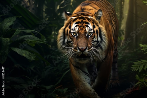 A tiger walking in the deep jungle hiding under the tree canopy © ART IMAGE DOWNLOADS