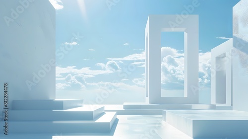 3d render surreal white minimal architecture background with geometric shapes, abstract fantastic design , landmark futuristic panoramic, futuristic scene with copy space, blue sky and cloudy. photo