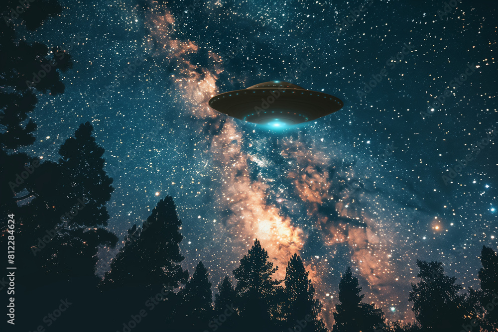 Fototapeta premium Alien UFO flying through a forest, showcasing invasion by alien spaceship in science fiction setting, with eerie atmosphere and copy-space