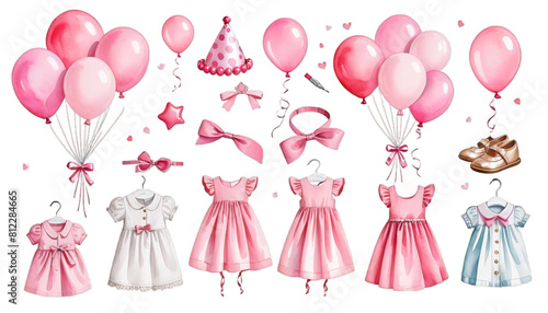 Obraz na płótnie baby design shower set cartoon watercolor party invitation toy balloon elements illustration dress pink birthday girl newborn kid card cute children element greeting little collection happy nubes w salonie
