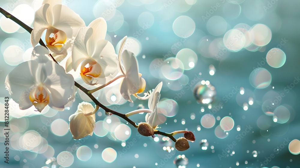 A beautiful branch of a white Orchid Flowers in Sparkling Water with Bubbles.
