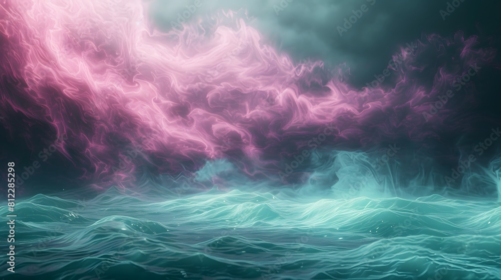 Abstract empty underwater 3d stage with dark emerald green and pink dreamy water light waves texture. Imaginative fantasy landscape with surreal light effects.
