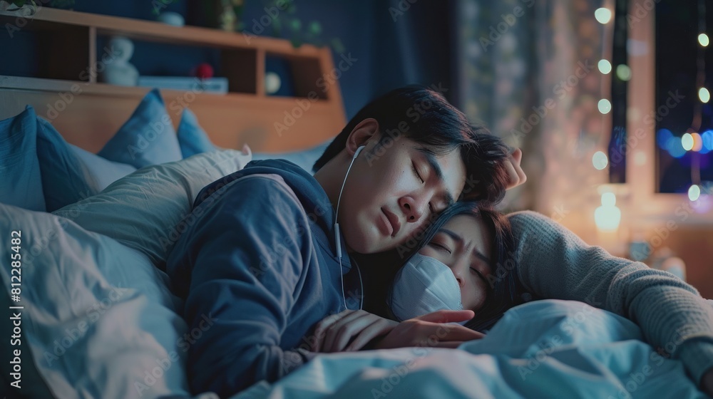 husband taking care of his sick wife lying down on bed at night. Attractive young man support and help beautiful sleepy girlfriend feeling bad with fever and coughing in bedroom at home. husband taking care of his sick wife lying down on bed at night. Attractive young man support and help beautiful sleepy girlfriend feeling bad with fever and coughing in bedroom at home.