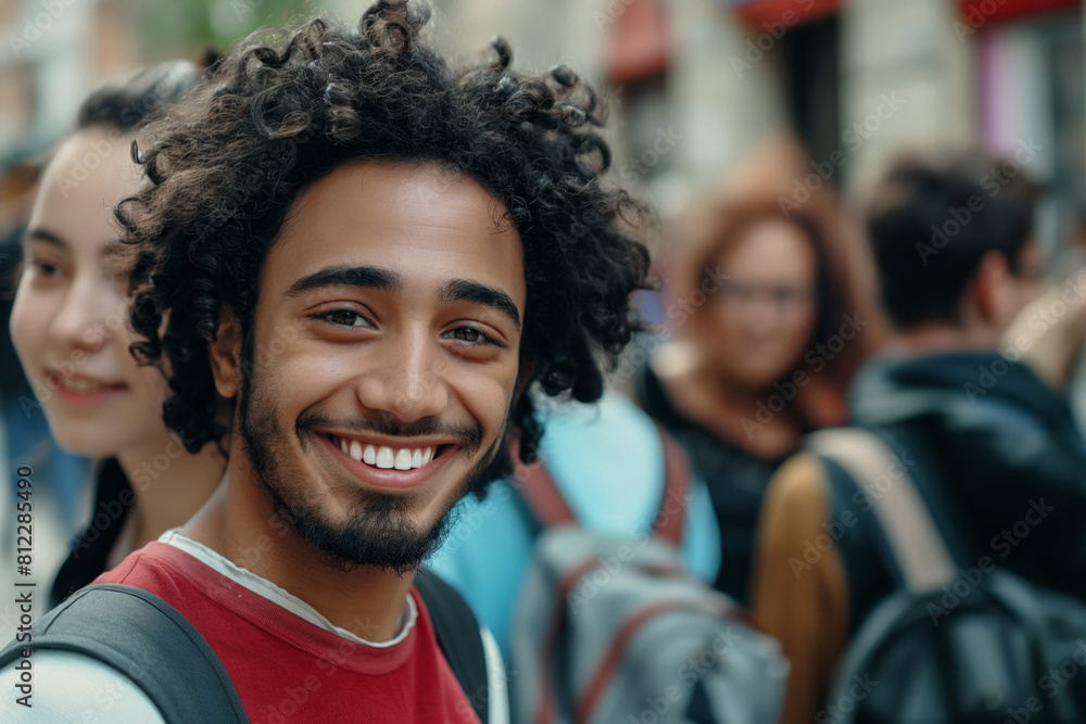 Portrait of a cheerful young man with curly hair, wearing a red shirt, smiling at the camera with blurred friends in the background. Students walking to school together Portrait of a cheerful young man with curly hair, wearing a red shirt, smiling at the camera with blurred friends in the background. Students walking to school together