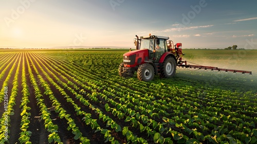 Agriculture tractor spraying fertilizer on agricultural field. Smart agriculture farming  agricultural food crops technology concept.