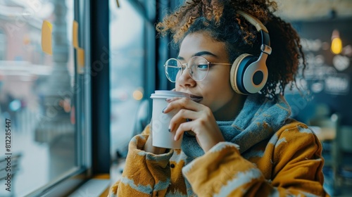 A female college student is sipping coffee and using headphones and an MP3 player to listen to music photo