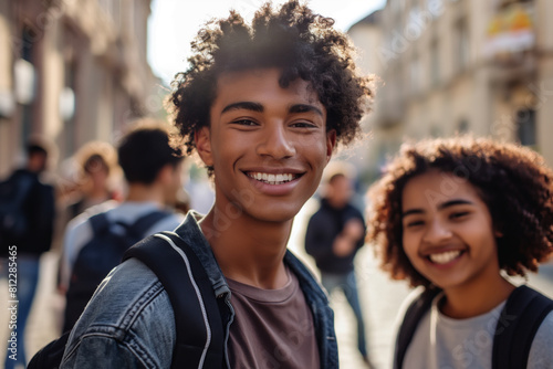 Two happy teenage friends with curly hair are enjoying a sunny day in a lively urban setting, showcasing youthful joy and casual street fashion. Students walking to school