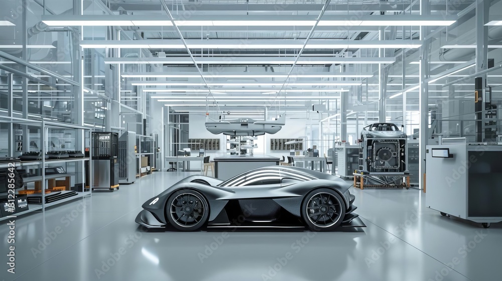 Obraz premium Exhibit a car manufacturing plant where critical components are 3D printed ondemand for assembly