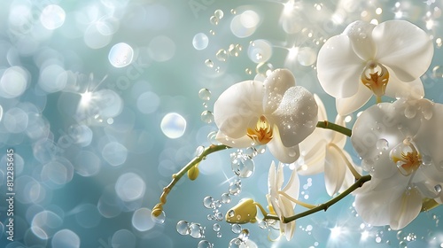 A beautiful branch of a white Orchid Flowers in Sparkling Water with Bubbles.  © Ziyan