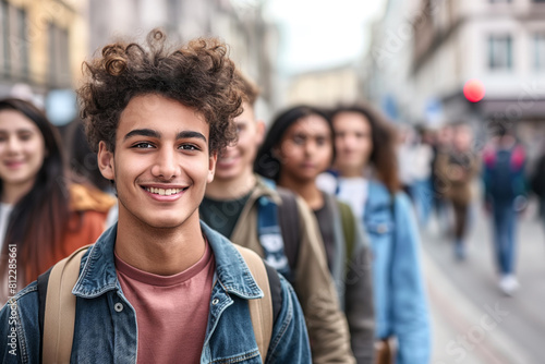 Cheerful young man with curly hair smiles at the camera while walking on a busy city street, with a diverse group of people blurred in the background