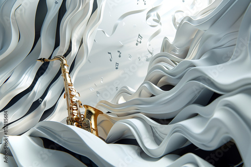 Design a captivating visual display featuring a saxophone nestled amid an array of black notes that seem to dance across a pristine white backdrop, symbolizing the spirited spontan photo