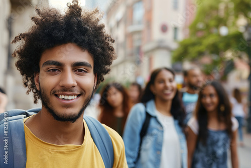 Cheerful young man with curly hair, wearing a yellow t-shirt, smiling at the camera while walking on a busy city street with a group of diverse friends in the background