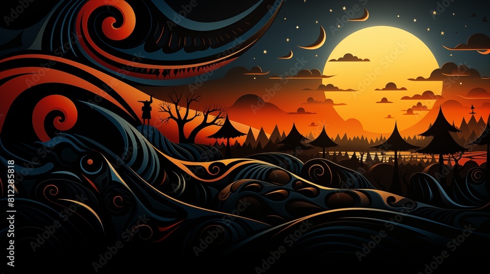 Stylized Art Illustration of an Asian-Inspired Ocean Landscape at Night with Rolling Hills and Temples.