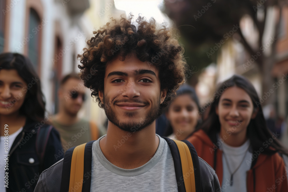 Portrait of a cheerful young man with curly hair smiling confidently in the foreground with a diverse group of friends blurred in the urban background, conveying friendship and diversity Portrait of a cheerful young man with curly hair smiling confidently in the foreground with a diverse group of friends blurred in the urban background, conveying friendship and diversity