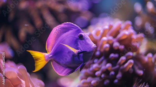 Close-up of a purple yellowfin surgeonfish (Acanthopterus xanthopterus) in an exotic tropical fish photo