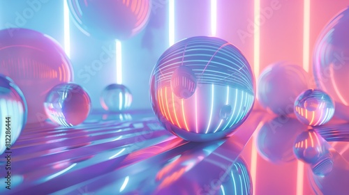 Vibrant neon lights reflecting on gleaming spheres in a futuristic setting at twilight.