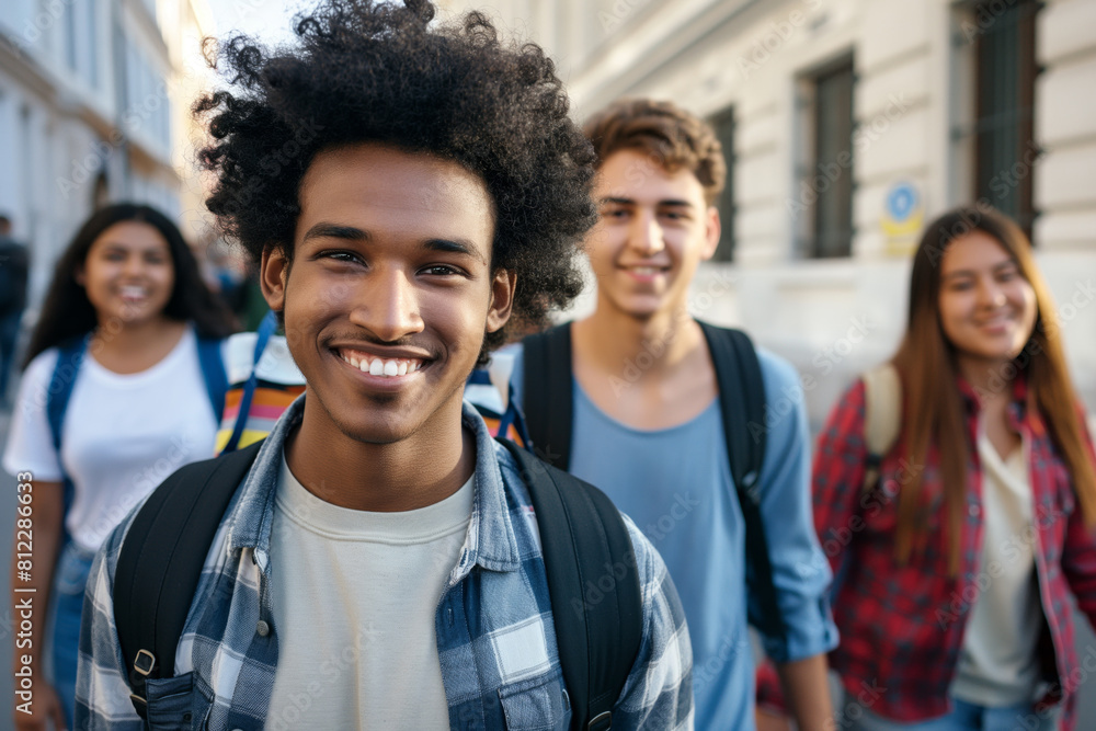 Portrait of a cheerful young man with curly hair smiling at the camera, with a group of diverse friends casually dressed, walking in an urban environment during the day Portrait of a cheerful young man with curly hair smiling at the camera, with a group of diverse friends casually dressed, walking in an urban environment during the day
