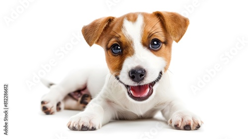 Cute fluffy portrait smile Puppy dog Jack Russell Terrier that looking at camera isolated on clear png background  funny moment  lovely dog  pet concept.