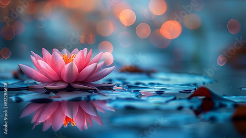 Closeup on a pink lotus flower floating on water at spring or summer outdoors