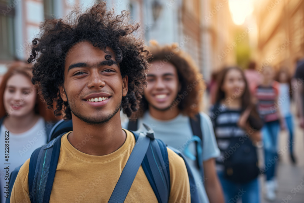 Cheerful young man with curly hair smiling at the camera on a bustling city street, with a diverse group of friends enjoying a walk in the background Cheerful young man with curly hair smiling at the camera on a bustling city street, with a diverse group of friends enjoying a walk in the background
