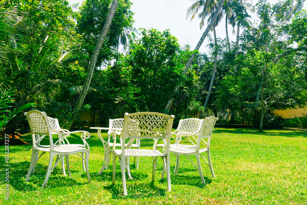 White chairs on backyard tropical garden White chairs on backyard tropical garden
