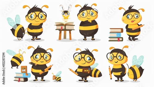 Amiable Bee with Glasses: Back to School Cartoon Series Showcasing Various Poses. Bee Holds Pencil, Book, Blackboard, and Globe. © Siasart Studio