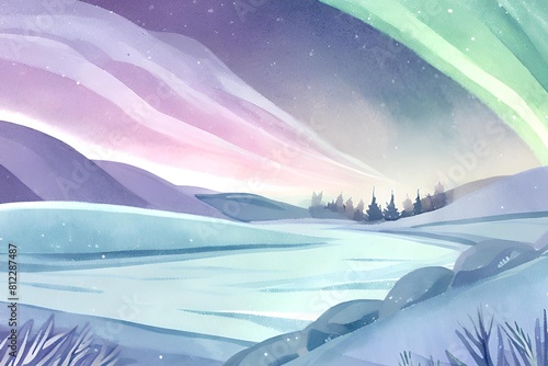 Watercolor northern lights illuminating a winter wonderland landscape with snowy fields, frosted trees, and ice-covered rivers