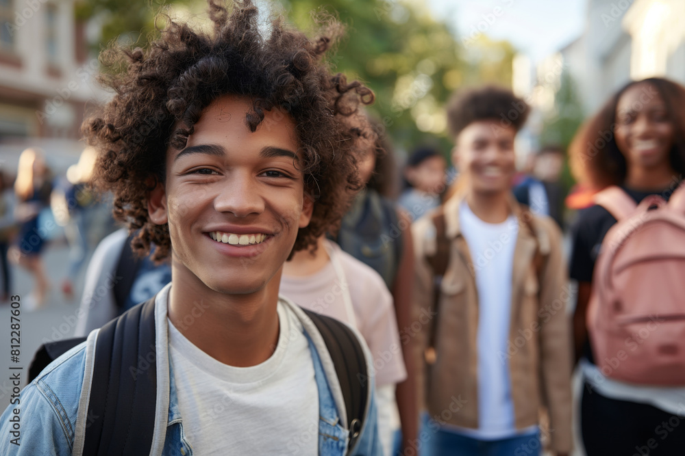 Cheerful teenage boy with curly hair and a backpack smiles while walking with a diverse group of friends on a lively city street, capturing a moment of youthful happiness Cheerful teenage boy with curly hair and a backpack smiles while walking with a diverse group of friends on a lively city street, capturing a moment of youthful happiness