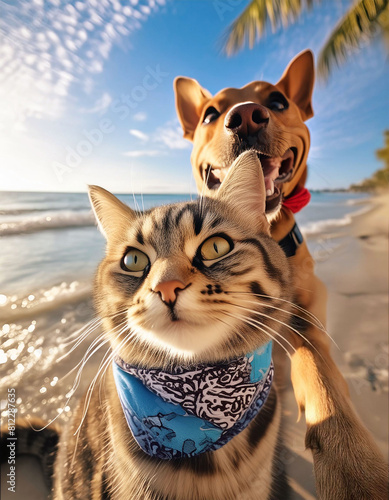 selfie of cat and dog best friends on vacation at beach, waves and sand in background, digital art photo