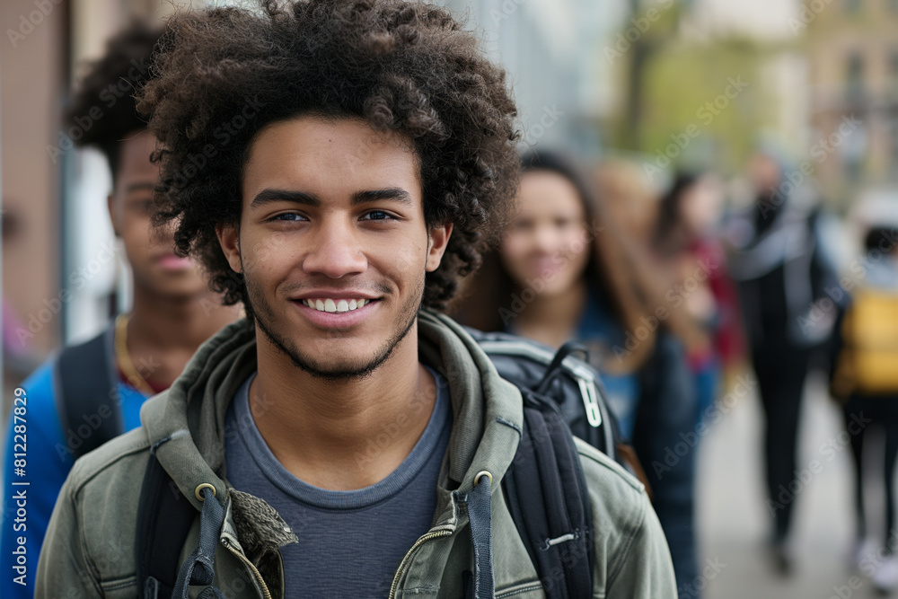Portrait of a cheerful young man with curly hair smiling at the camera, with a group of diverse friends out of focus in the background, depicting friendship and urban lifestyle Portrait of a cheerful young man with curly hair smiling at the camera, with a group of diverse friends out of focus in the background, depicting friendship and urban lifestyle