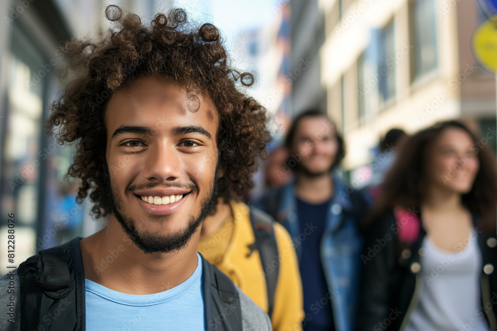 Portrait of a happy young man with curly hair smiling confidently in a city street, with blurred friends in the background, depicting friendship and urban lifestyle Portrait of a happy young man with curly hair smiling confidently in a city street, with blurred friends in the background, depicting friendship and urban lifestyle
