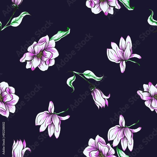 flowers seamless pattern blue background
