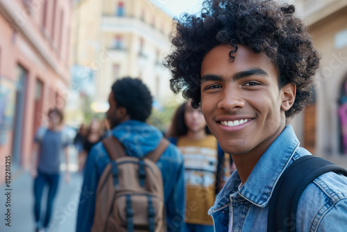 Cheerful young man with curly hair smiling at the camera on a sunny day with blurred friends in the background, representing friendship and happiness in a city environment