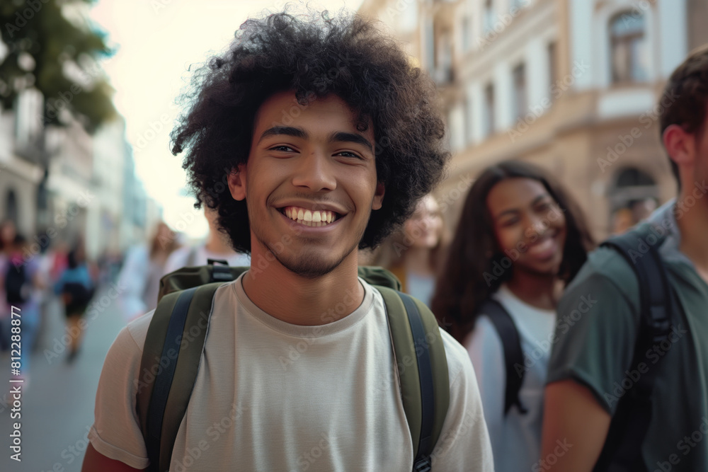 Portrait of a cheerful young man with curly hair, confidently smiling at the camera with blurred friends laughing in the background on a bustling city street Portrait of a cheerful young man with curly hair, confidently smiling at the camera with blurred friends laughing in the background on a bustling city street