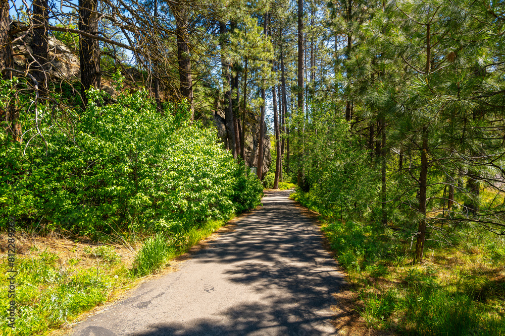 The wooded trail through the public Falls Park leading to the historic Treaty Rock a rock wall with a painted written compact between Frederick Post, a settler, and the Native American tribes in 1871. The wooded trail through the public Falls Park leading to the historic Treaty Rock a rock wall with a painted written compact between Frederick Post, a settler, and the Native American tribes in 1871.
