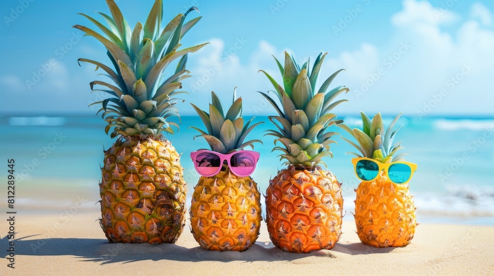 Tropical summer vacation concept: a family of humorous, appealing pineapples with stylish sunglasses on the beach against a turquoise sea Tropical summer vacation concept: a family of humorous, appealing pineapples with stylish sunglasses on the beach against a turquoise sea