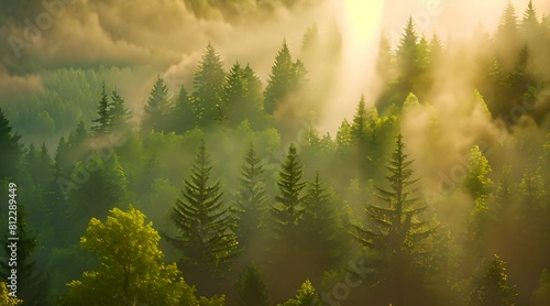 fog in the pine forest photo