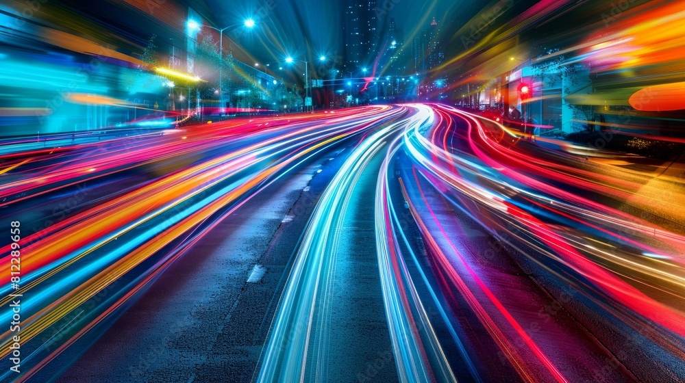 Vehicle headlight streaks creating a motion blur effect on a metropolitan roadway at night. Road with colored lines and a long exposure effect. Vehicle headlight streaks creating a motion blur effect on a metropolitan roadway at night. Road with colored lines and a long exposure effect.