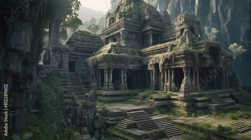 Temple ruins in fantasy mountains, old stone palace in jungle © lali