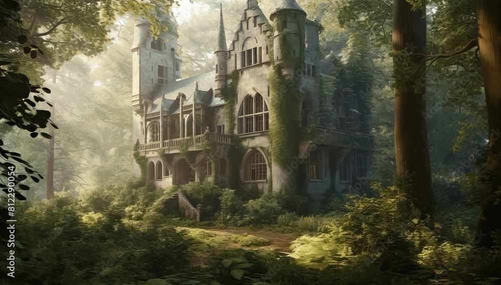 Fototapeta premium Gorgeous abandoned medieval mansion in a fairytale forest