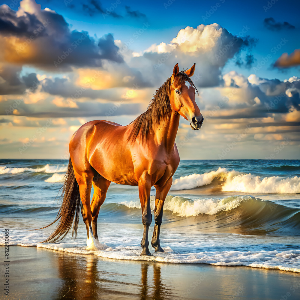 A horse stands by the ocean on a sandy beach under a cloudy sky A horse stands by the ocean on a sandy beach under a cloudy sky