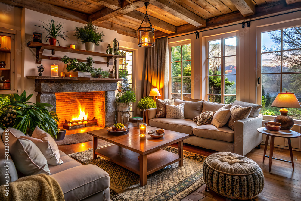 a living room filled with furniture and a fireplace