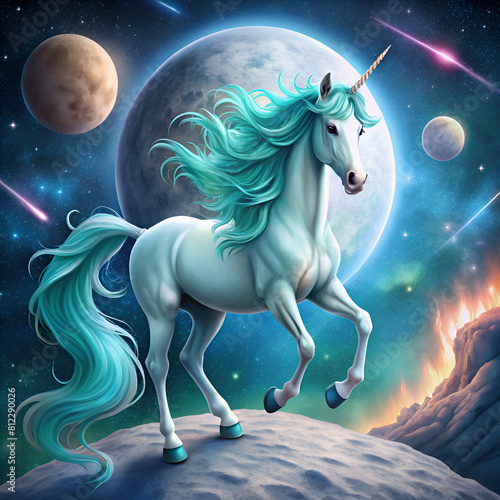 A white mythical creature with blue mane and tail standing on a rock in nature