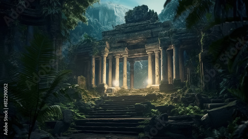 Fantasy temple in tropical forest at night, old building ruins in jungle, Surreal mystical fantasy artwork © lali